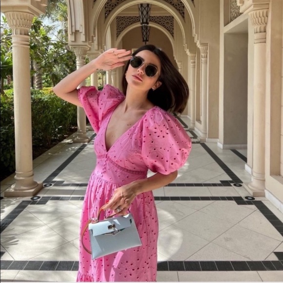 Zara pink openwork embroidery  voluminous cotton dress - Picture 9 of 15